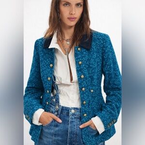 Free People Gypsy Jacquard teal blue velvet floral military coat Sz 6 Steampunk